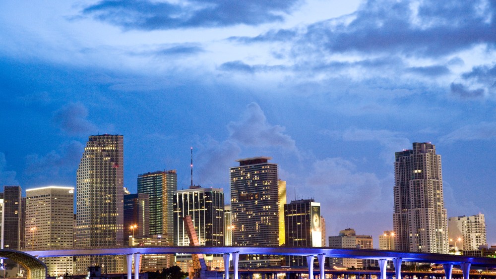 Skyline of Miami at dusk, Florida, USA (Ken Ross / VWPics via AP Images)