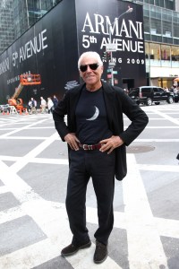 Fashion designer Giorgio Armani in front of his FIfth Avenue flagship scheduled to open early 2009 in New York City.