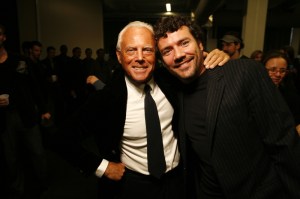 Designer Giorgio Armani backstage before his Giorgio Armani fall 2006 menswear runway show.