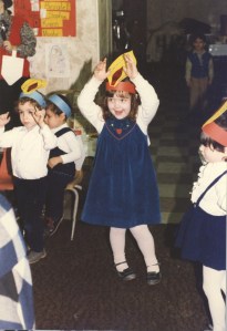 "My best holiday memories are Hanukkah parties with jelly donuts and dreidels and latkes. This picture is from my preschool Hanukkah party in Queens.” -Batsheva Hay