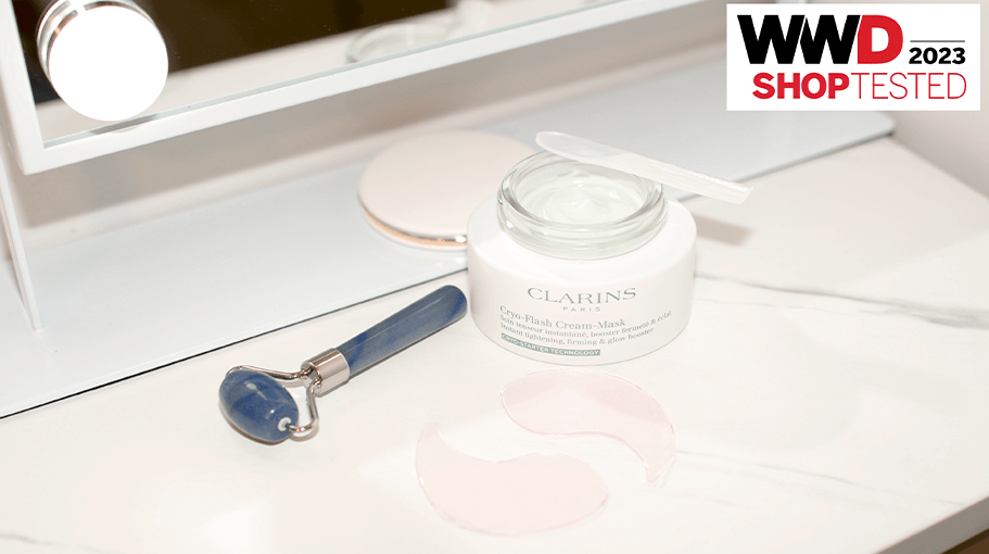 face mask, eye patches, and face roller on a vanity