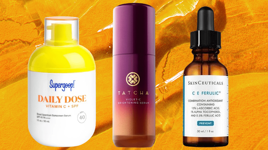 top vitamin C serums on an orange background