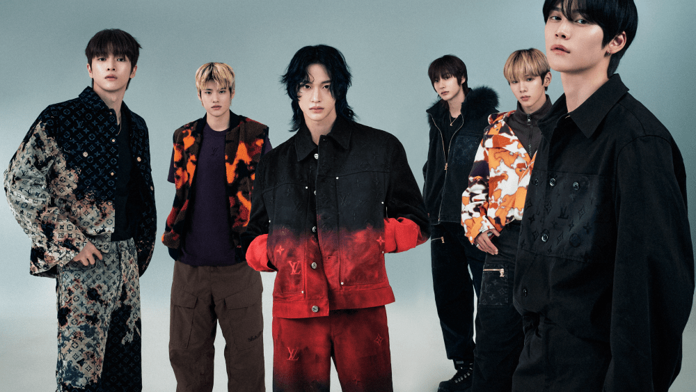 (L-R) Sungchan, Seohee, Wonbin, Anton, Shotaro and Eunseok of Riize for Louis Vuitton