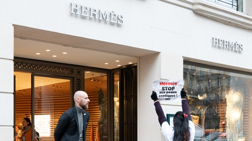 A PETA acitivist protesting outside the Hermès Rue de Sèvres boutique in Paris