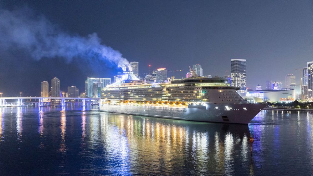 MIAMI, FLORIDA - MAY 06: The Royal Caribbean's cruise ship, Freedom of the Seas, uses the turn basin as it prepares to dock at PortMiami on May 06, 2022 in Miami, Florida. Royal Caribbean reported on Thursday a first-quarter loss of $4.58 a share, slightly better than a loss of $4.66 a year earlier. Revenue jumped to about $1.06 billion from $42 million in last year’s first quarter. (Photo by Joe Raedle/Getty Images)