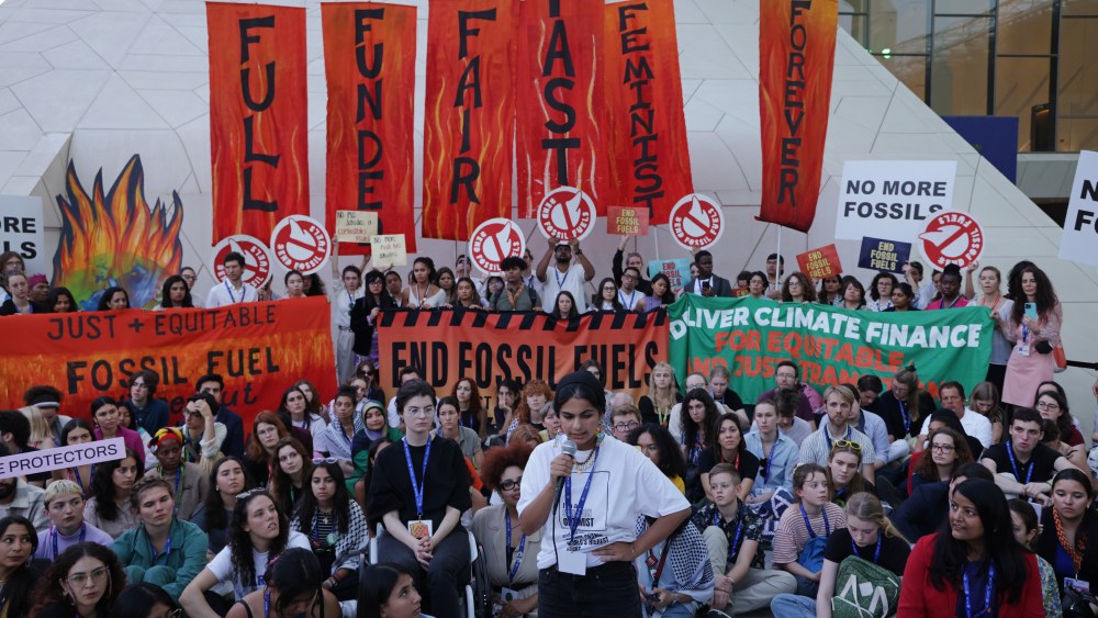 DUBAI, UNITED ARAB EMIRATES - DECEMBER 12: Climate activists protest to demand a phase out of fossil fuels on day twelve at the UNFCCC COP28 Climate Conference on December 12, 2023 in Dubai, United Arab Emirates. Delegations met late into the night yesterday and are continuing negotiations today over the wording of the final agreement, with the removal of a "phase out" of fossil fuels in yesterday's Presidential draft apparently among the most contentious issues. The COP28, which is running from November 30 through December 12, is bringing together stakeholders, including international heads of state and other leaders, scientists, environmentalists, indigenous peoples representatives, activists and others to discuss and agree on the implementation of global measures towards mitigating the effects of climate change. (Photo by Sean Gallup/Getty Images)