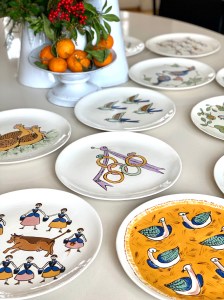 "I first made a set of these plates as a custom wedding gift for my brother and soon-to-be sister-in-law and have loved seeing the heirlooms grace their table every year during the holidays. Each features a whimsical ‘gift’ from the ‘12 Days of Christmas.’ At my house, everyone has their favorite and the designs act in lieu of place cards at the family table." -Lela Rose