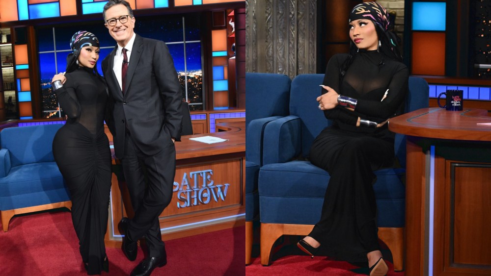 Nicki Minaj, Alaïa dress, Chanel scarf, The Late Show with Stephen Colbert, Dec. 20
