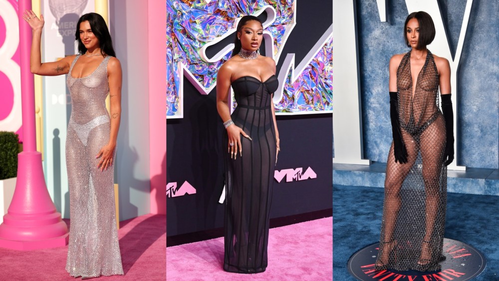 sheer dress trends, Dua Lipa, Ciara dress, Megan Thee Stallion, Dundas, red carpet, Bottega Veneta, Barbie, MTV VMAs, Oscars, Brandon Blackwood