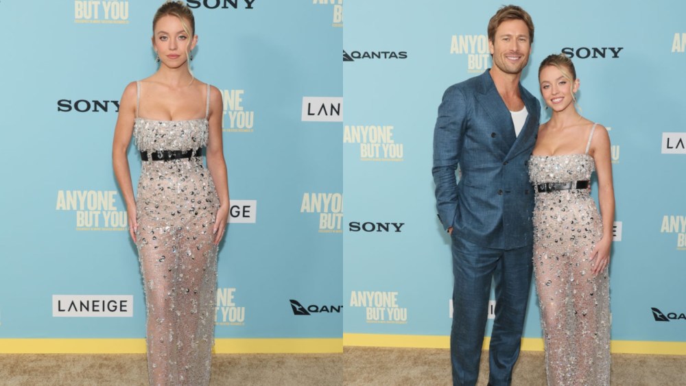 Glen Powell, Sydney Sweeney, custom Miu Miu dress, "Anyone But You," premiere Dec. 11, New York