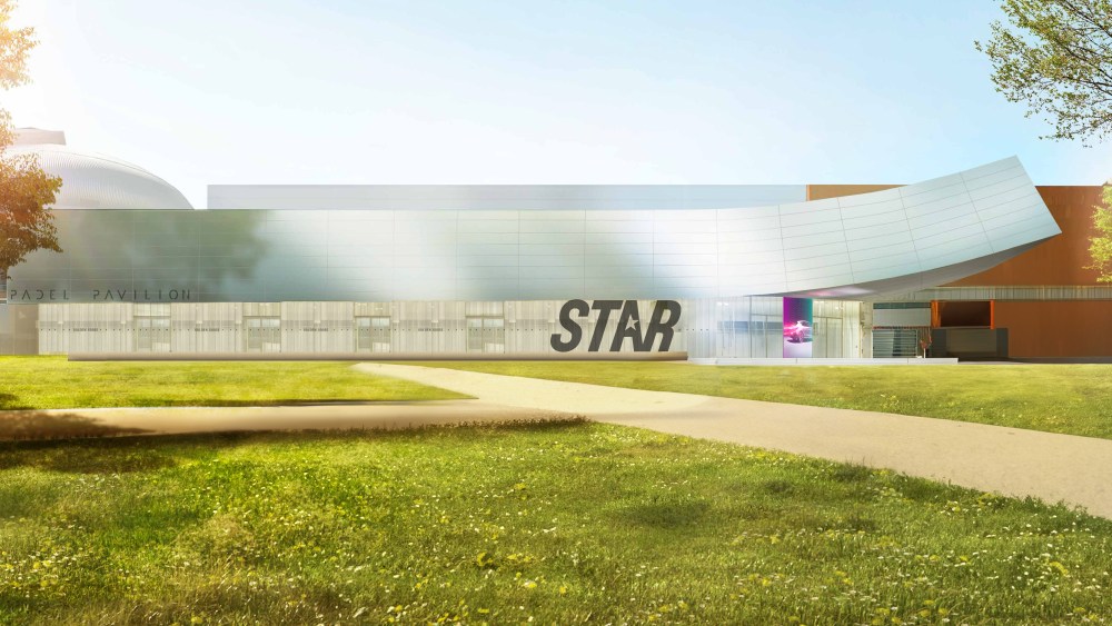 A rendering of the Golden Goose-branded Atlante Arena padel pavilion to bow in Milan.