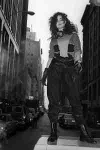 A denim shirt dress from the Calvin Klein Jeans collection on Seventh Avenue in Manhattan's garment district photographed in 1982.