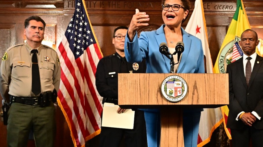Los Angeles Mayor Karen Bass speaks during a press conference to announce new efforts to curb recent retail thefts at City Hall in Los Angeles, California, on August 17, 2023.