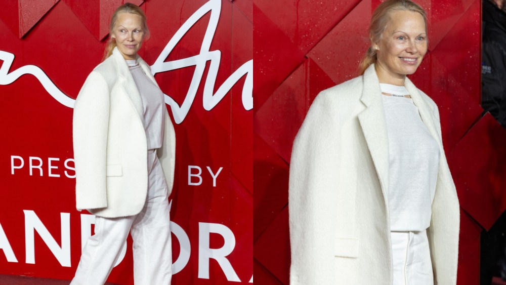 Pamela Anderson, makeup-free, celebrity style, red carpet, 2023 Fashion Awards, London