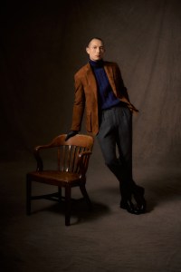 Polo Ralph Lauren suede jacket, wool and cashmere turtleneck and wool trousers; Barbour gloves; Ted Baker shoes.