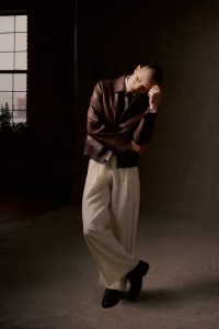 Boss leather jacket, cotton and elastane shirt and wool and linen pants; Ted Baker shoes.