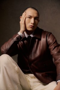 Boss leather jacket, cotton and elastane shirt and wool and linen pants; Ted Baker shoes.