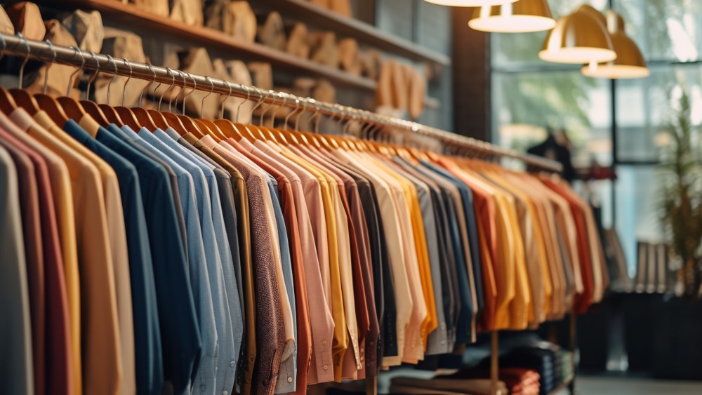 Male clothes on hangers in apparel boutique. High quality photo