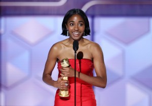 Ayo Edebiri accepts award for Best Performance by a Female Actor in a Television Series – Musical or Comedy for “The Bear” at the 81st Golden Globe Awards.