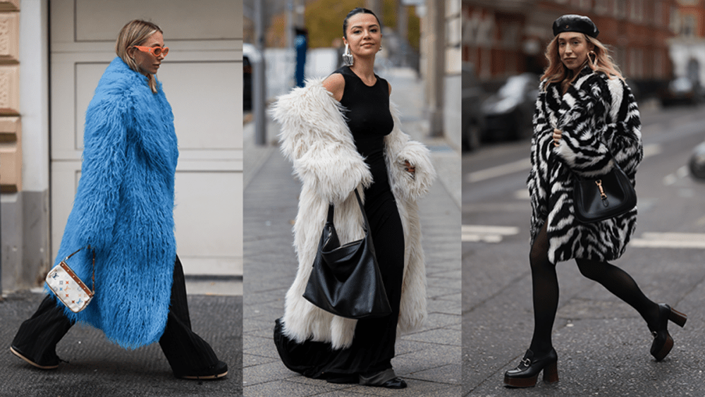 Three women wear long fur coats on city streets