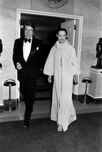 Wyatt Emory Cooper (L) and Gloria Vanderbilt attend a state dinner at the White House in Washington, D.C., on March 30, 1976.