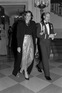Donna Karan and a military escort attend an event at the White House in Washington, D.C., on October 8, 1985.