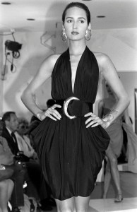 Gail Elliott walks in Donna Karan Resort 1987 Collection Fashion Show.
