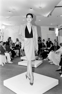 Ariane Koizumi walks in the Donna Karan Resort 1987 Collection Fashion Show