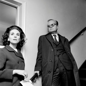 Writer Truman Capote poses for portraits while being interviewed by Women's Wear Daily columnist Carol Bjorkman before a scheduled talk at The Town Hall venue on April 27, 1966 in New York City.
