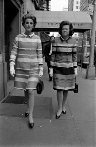 Babe Paley and Jane Choate in double-breasted striped coats by Mila Schoen leaving LaGrenouille Restaurant in New York City on April 20, 1967.