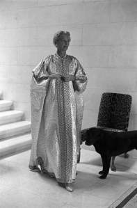 CZ Guest photographed at Templeton, her home on Long Island wearing an elegant caftan a gift made in Morrocco of Parisian fabric purchased by Diana Vreeland.