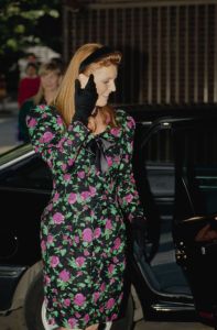 British Royal Sarah, Duchess of York, wearing a black floral pattern dress with a black headband, during a visit to the London Academy of Music and Dramatic Art (LAMDA) in Hammersmith, London, England, 20th September 1989. (Photo by Tim Graham Photo Library via Getty Images)