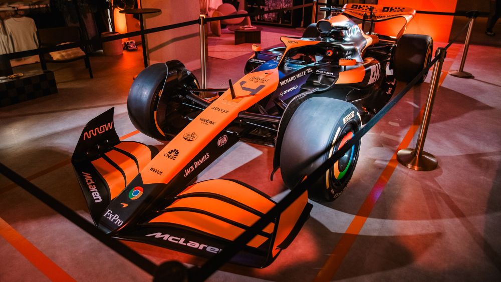 The McLaren Formula 1 race car inside Abercrombie & Fitch on Fifth Avenue.