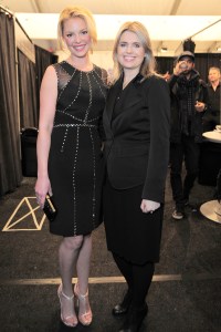 Katherine Heigl (L) and fashion designer Jenny Packham backstage at Packham's fall 2013 runway show in The Studio at Lincoln Center.