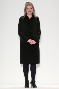 Fashion designer Jenny Packham on the runway after her fall 2013 show in The Studio at Lincoln Center.