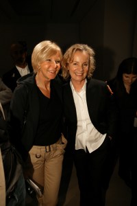 Designer Jil Sander (R) backstage at the Spring 2004 Jil Sander show in Milan.