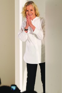 Fashion designer Jil Sander on the runway after her spring 2013 menswear show.