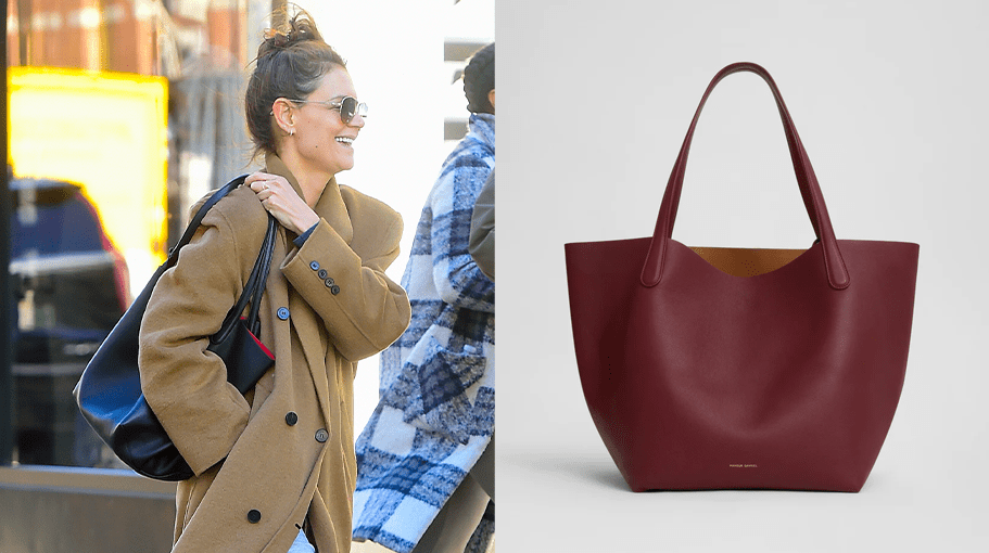 Katie Holmes wearing Mansur Gavriel Tote; red Mansur Gavriel tote bag on sale