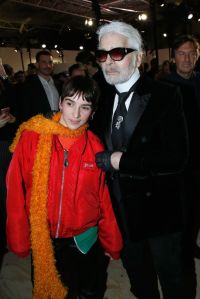 PARIS, FRANCE - MARCH 01: Winner of the 'Young Fashion Designer' LVMH Prize 2017, Stylist Marine Serre and stylist Karl Lagerfeld attend the LVMH Prize 2018 - Designers Presentation on March 1, 2018 in Paris, France.  (Photo by Bertrand Rindoff Petroff/Getty Images)