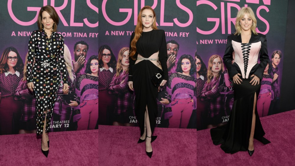 Lindsay Lohan, Mean Girls, red carpet, premiere, Alexandre Vauthier, celebrity style, Tina Fey, Renée Rapp, Versace, Christian Siriano