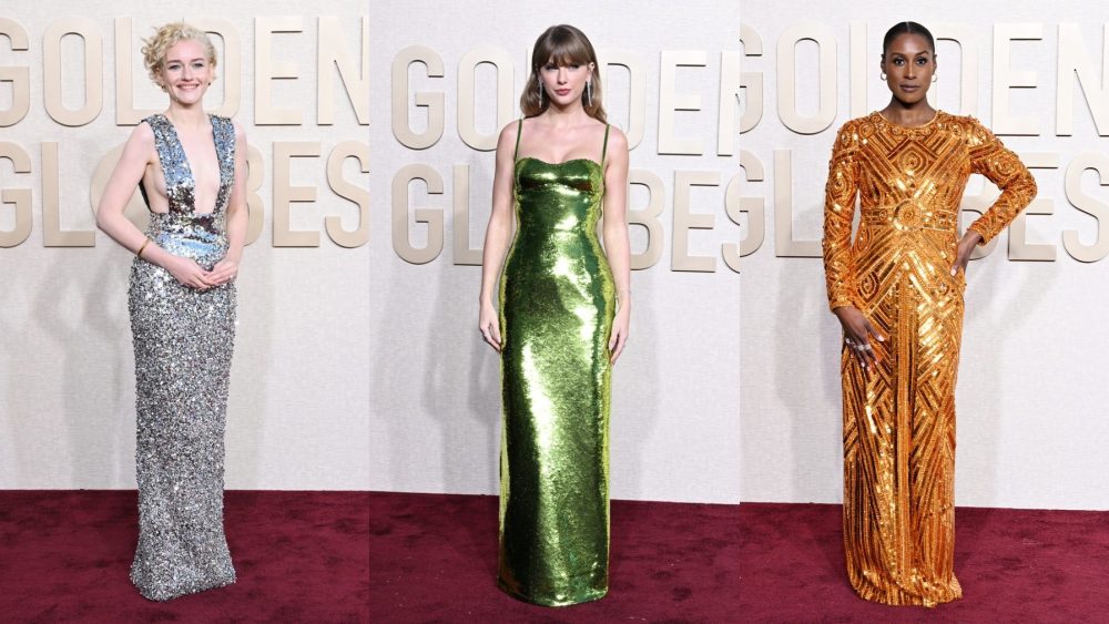 Taylor Swift, Gucci, Christian Louboutin, De Beers, metallics trend, awards, Golden Globes, red carpet, celebrity style, Julia Garner, Issa Rae, Pamella Roland