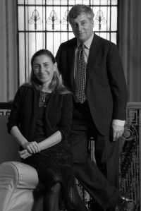 Fashion designers Miuccia Prada and Patrizio Bertelli being interviewed at their office in Milan