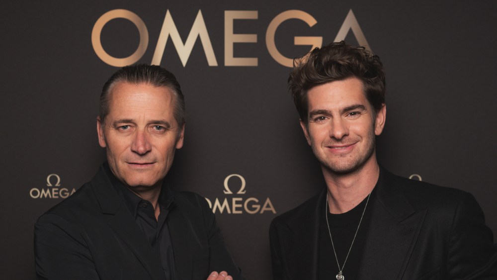Omega CEO Raynald Aeschlimann and Andrew Garfield.