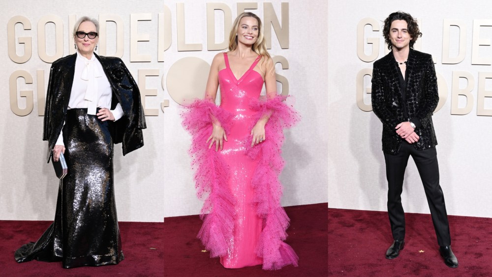 Margot Robbie, Barbie, Armani Privé, trend, red carpet, awards, Golden Globes, celebrity style, Judith Leiber, Manolo Blahnik, Meryl Streep, Valentino, Timothée Chalamet, Celine, Cartier