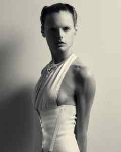 Saint Laurent duchess stretch silk dress; Sportmax belt; Graff white, round, pear and oval diamond necklace.