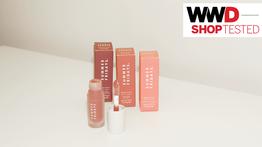 Summer Fridays lip oil tested on a white surface