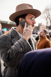 Street style at Pitti Uomo 105 in Florence, Italy.