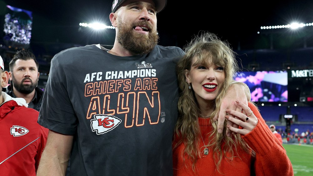 BALTIMORE, MARYLAND - JANUARY 28: Travis Kelce #87 of the Kansas City Chiefs celebrates with Taylor Swift after a 17-10 victory against the Baltimore Ravens in the AFC Championship Game at M&T Bank Stadium on January 28, 2024 in Baltimore, Maryland. (Photo by Patrick Smith/Getty Images)