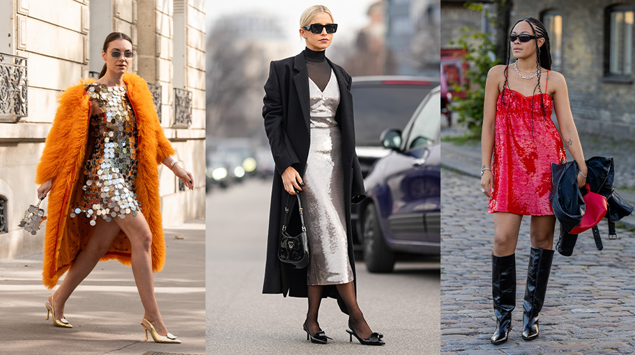 Three women wearing sequin dresses on city streets