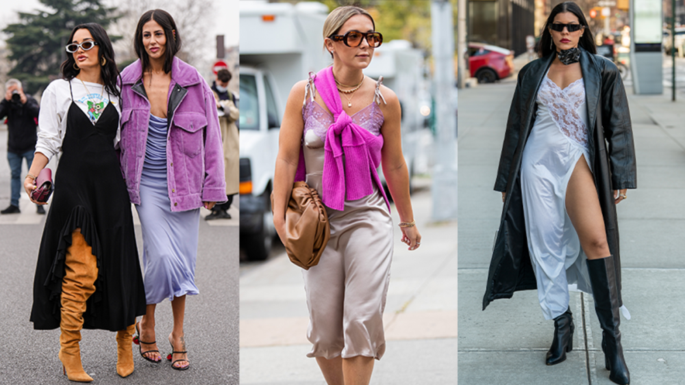 Four women wear slip dresses on city streets.